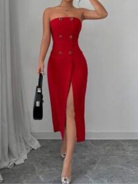 SHEIN Red Strapless Midi Dress with Front Slit and Ring Accents